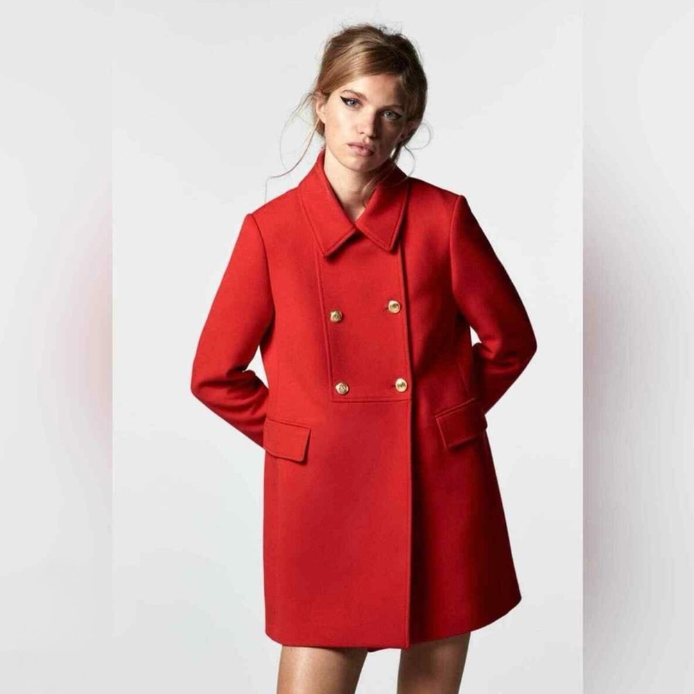 Zara Red Pea Coat Wool Blend Tailored - Picture 2 of 2